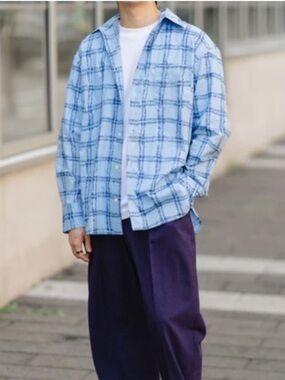 Marni X Uniqlo Oversized Button Down Shirt Mens XS Blue Plaid Long Sleeve Cotton